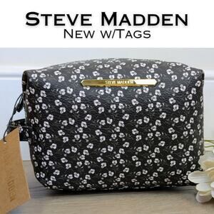 NEW Steve Madden Large Cosmetic Bag Black White Mini Floral Coated Quilted Lined